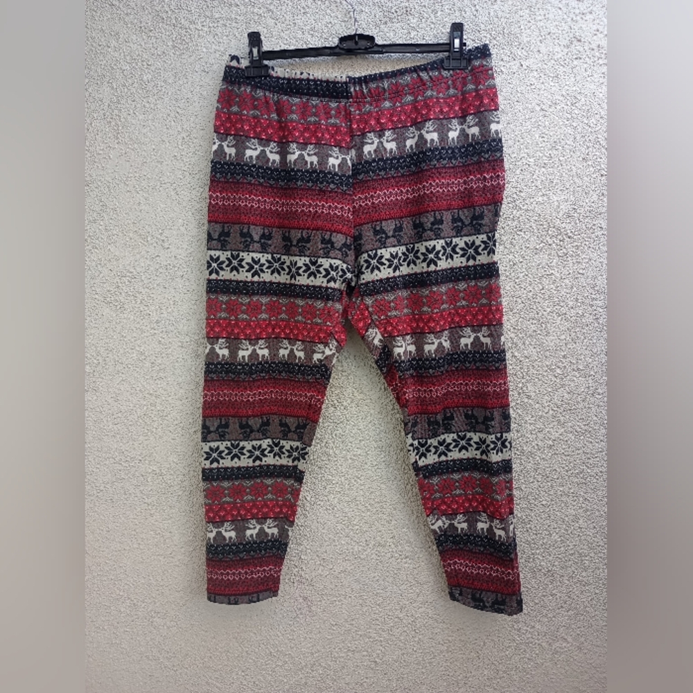 Faded Glory Kissing Elk and Poinsettia Leggings Winter Casual Holiday Festive